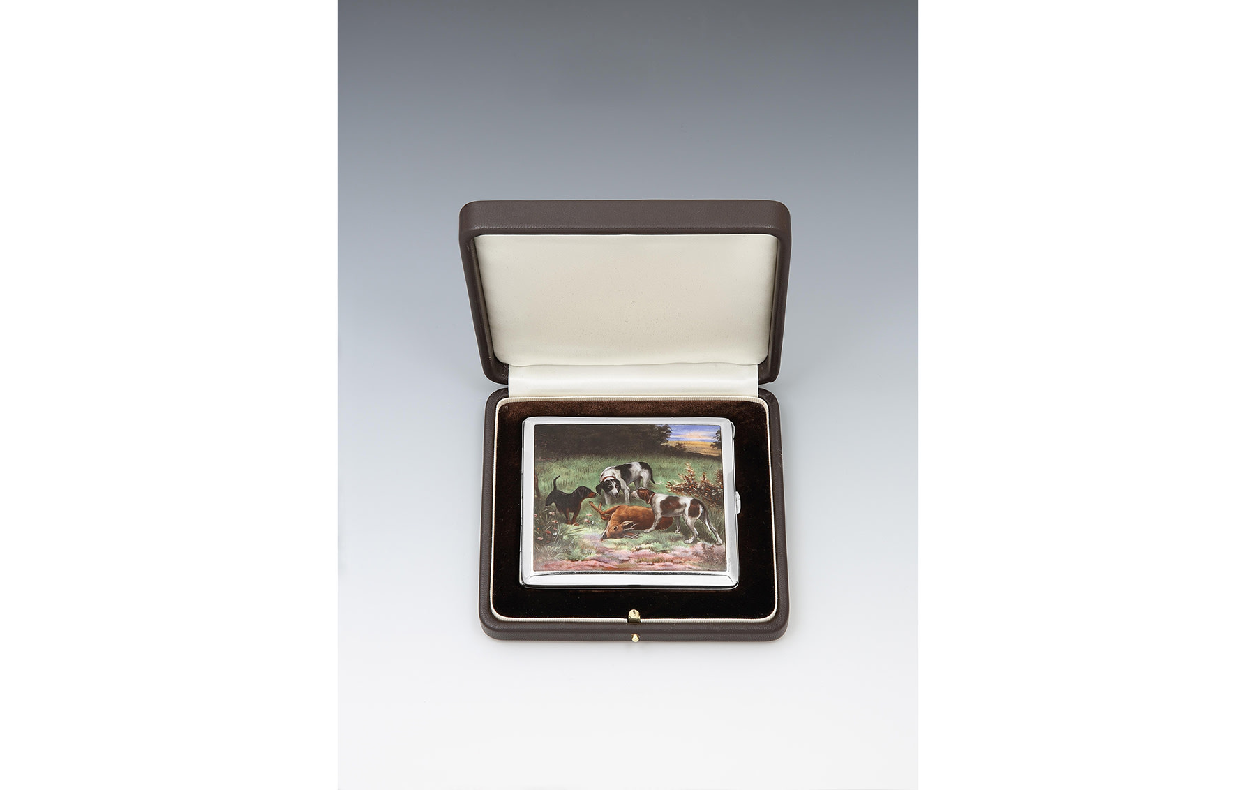 Art Deco Silver-Plated Cigarette Case with Hunting Scene, c. 1930