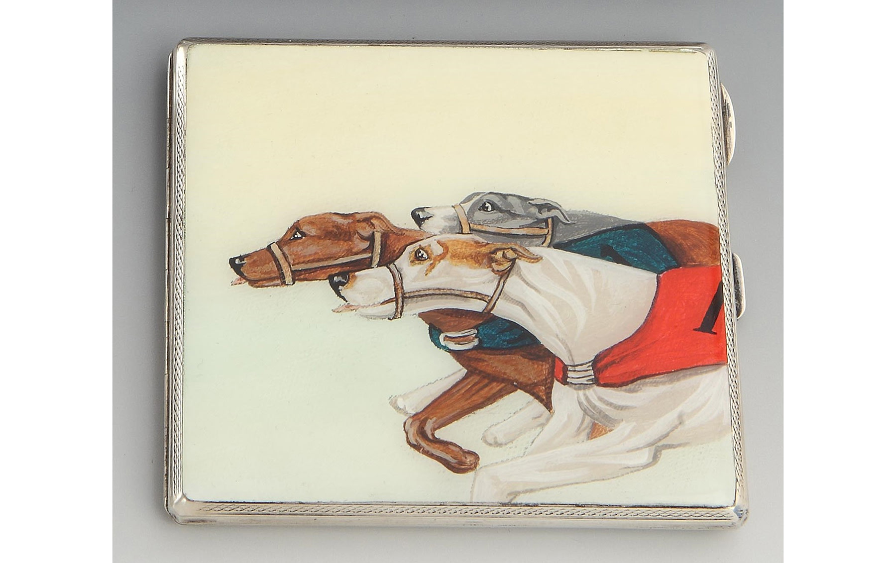 Art Deco Cigarette Case with Scene of Racing Greyhounds, Birmingham, 1930