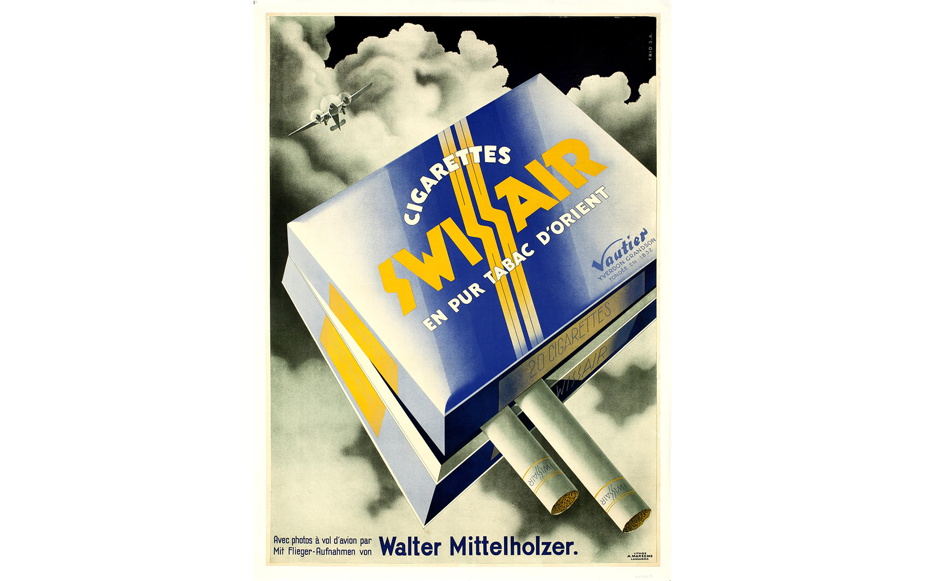 Swissair Cigarettes Poster, by Walter Mittelholzer, 1934