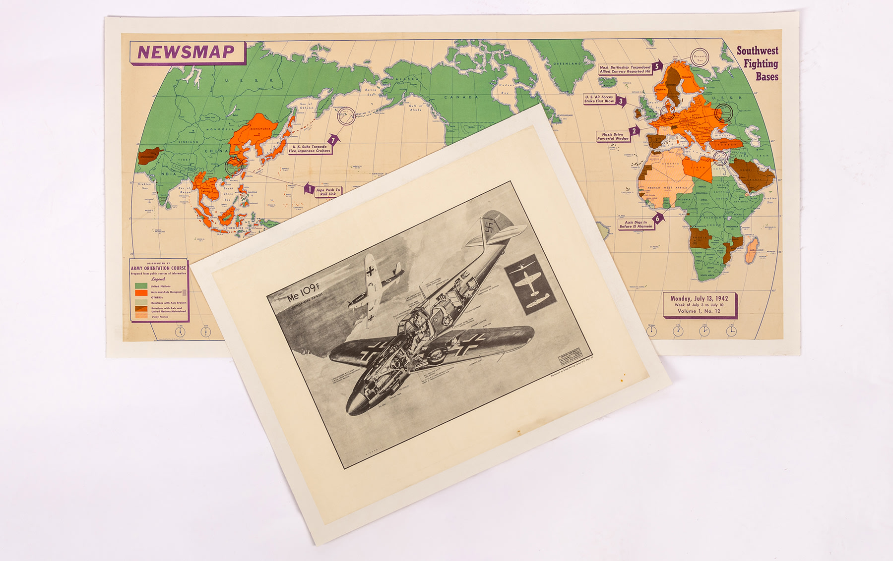 Southwest Fighting Bases Newsmap and Me 109F Fighter Aircraft Diagram, 1942