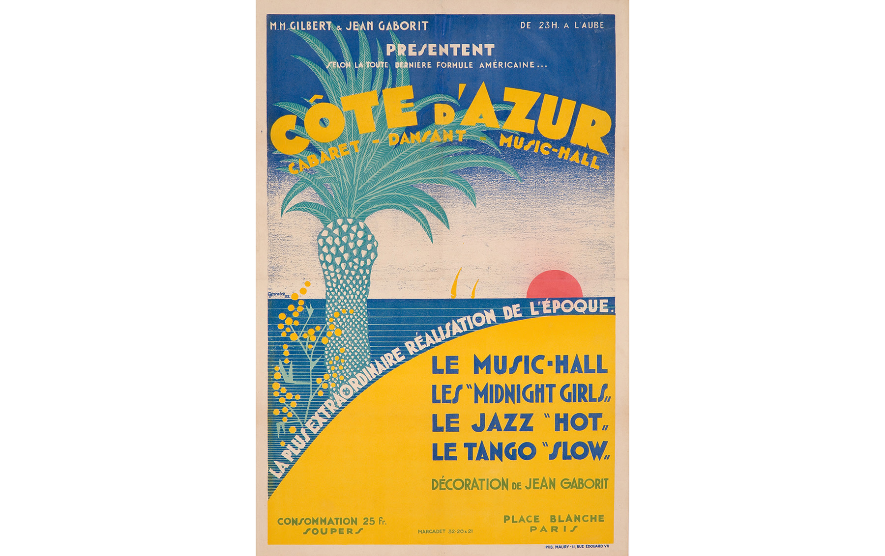 Cote d'Azur (Cabaret, Dancing, Music Hall) Poster, by Geyraire, 1933