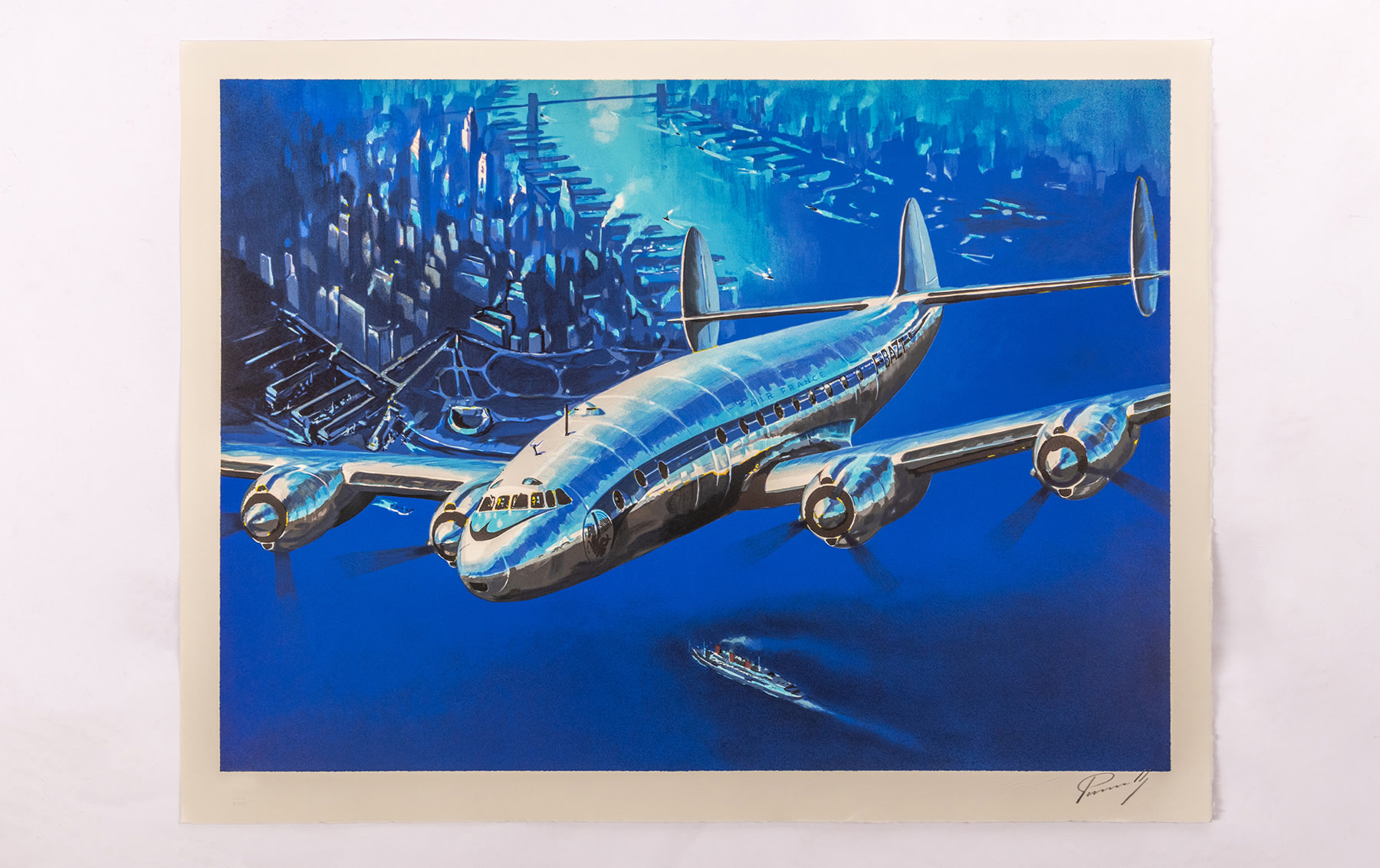 Air France Constellation over Manhattan Lithograph, by Lucio Perinotto