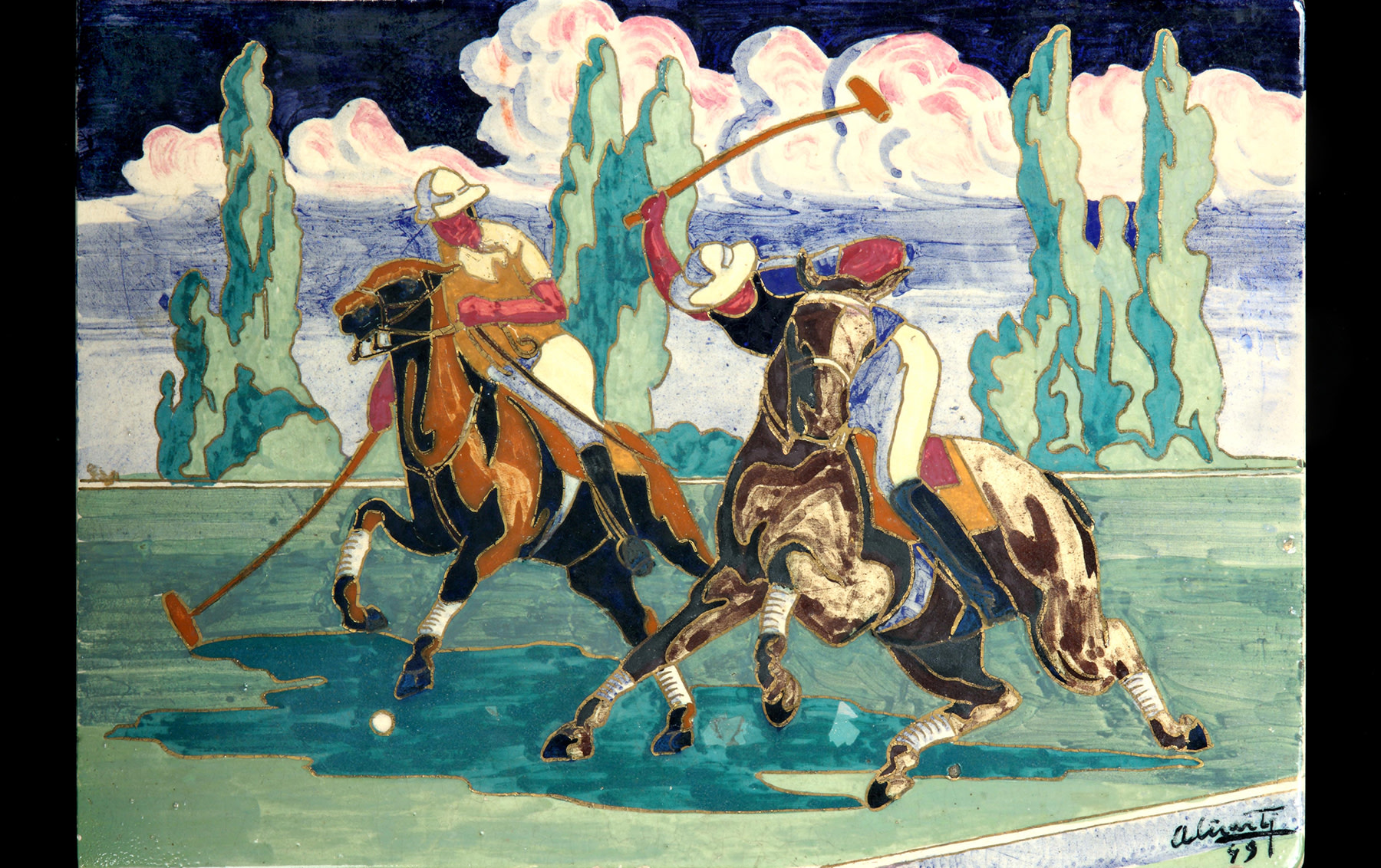 Ceramic Plaque Depicting Two Polo Players, 1949