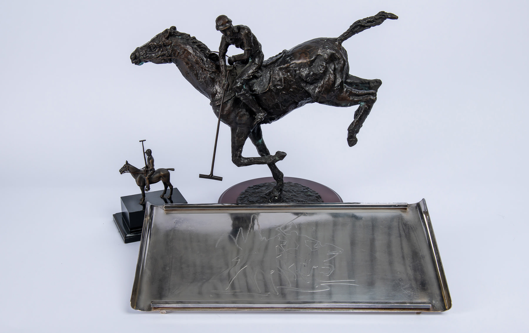 Pair of Polo Bronze Sculptures and Silver-Plated Cocktail Tray Depicting Polo Scene