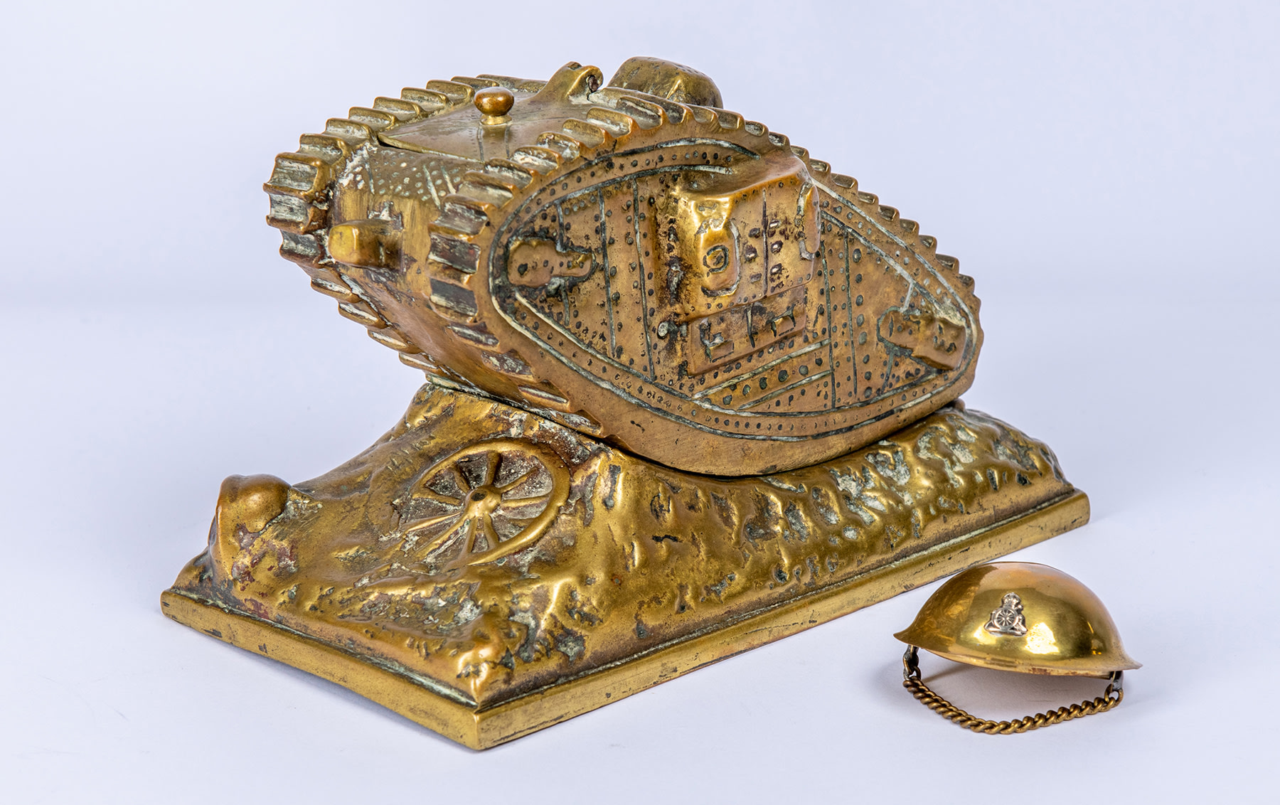 Bronze WWI Tank Inkstand and Helmet Snuff Box, c. 1915