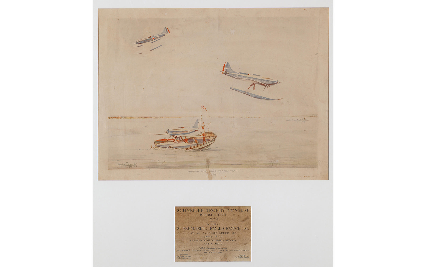 British Schneider Trophy Team Lithograph with Event Card, 1929