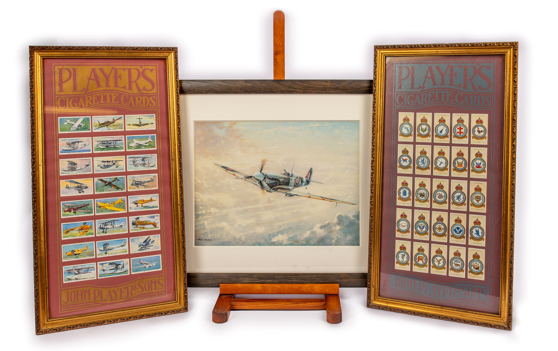 Group of Three Spitfire Lithographs and Two Framed Sets of Airplane-Themed Cigarette Cards
