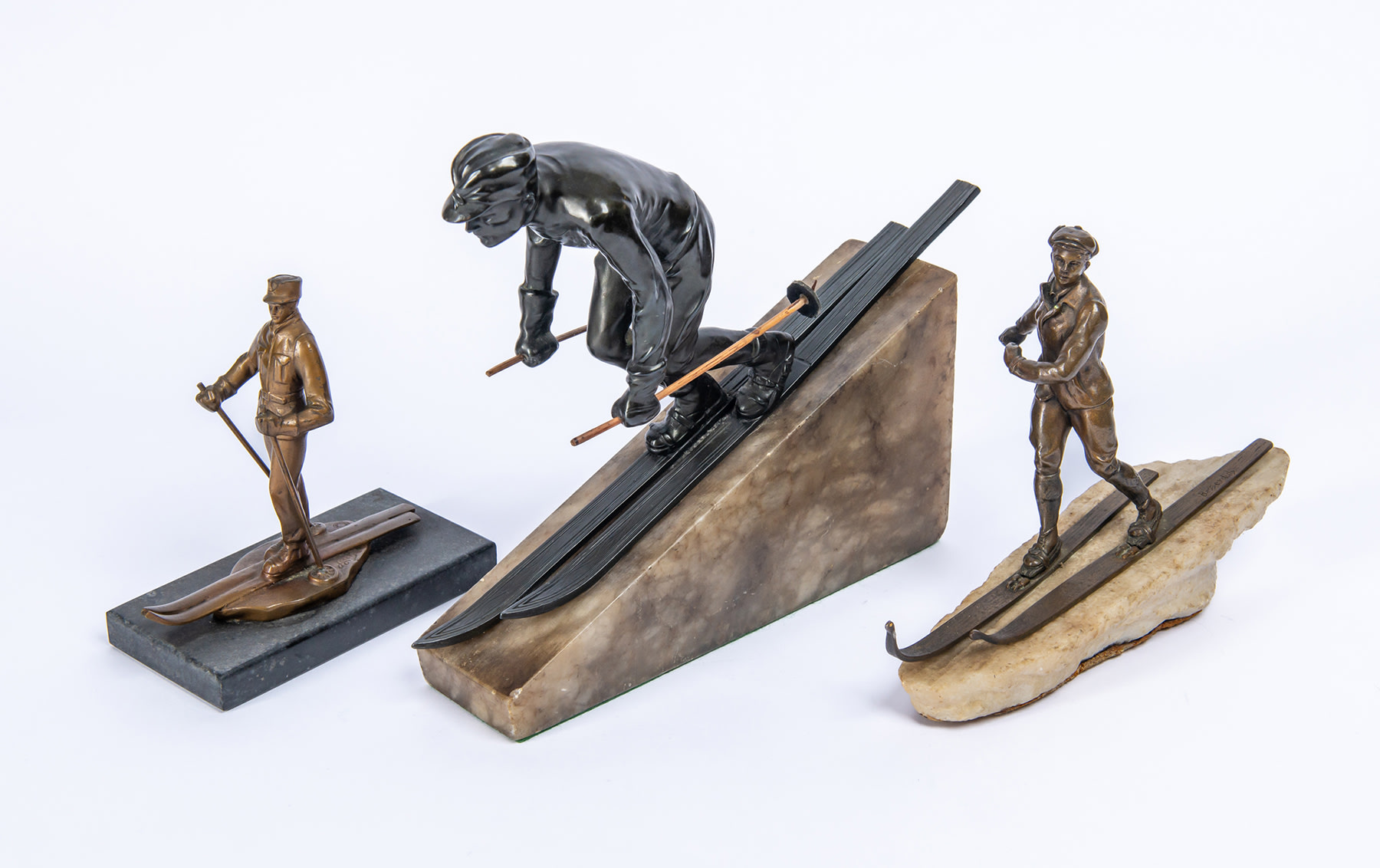 Three Bronze Ski Figures, c. 1930s