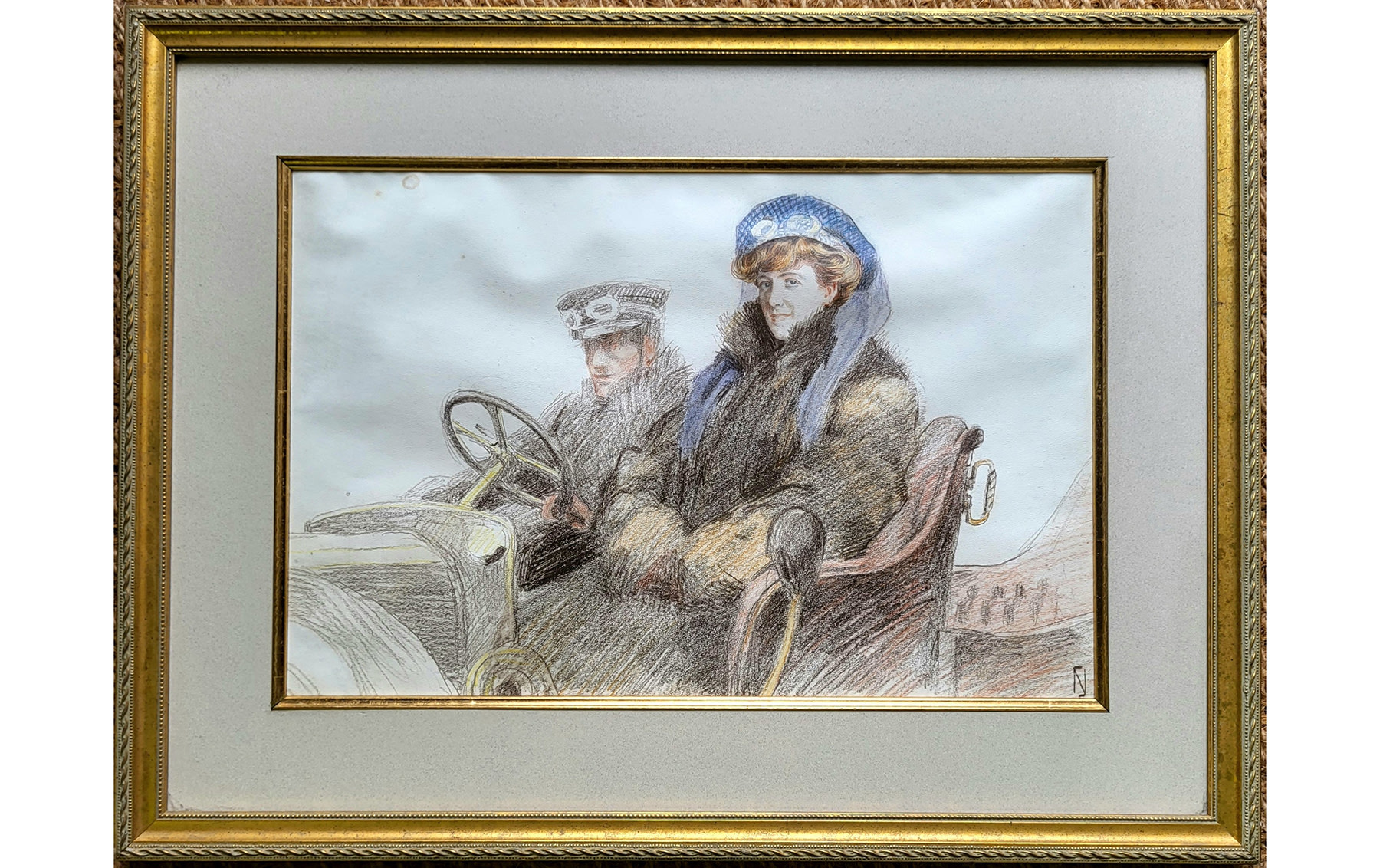 Set of Three Original Artworks Depicting Female Motorists, Original Crayon and Watercolor, c. 1910