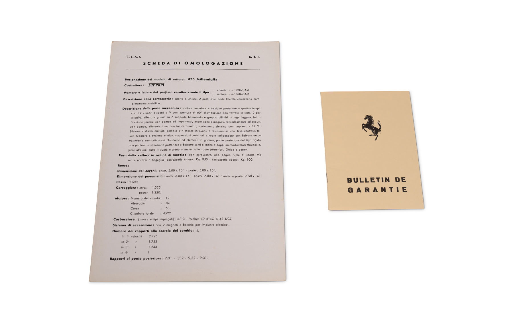 Ferrari 375 Mille Miglia Bulletin de Garantie, Scheda di Omologazione Sheet