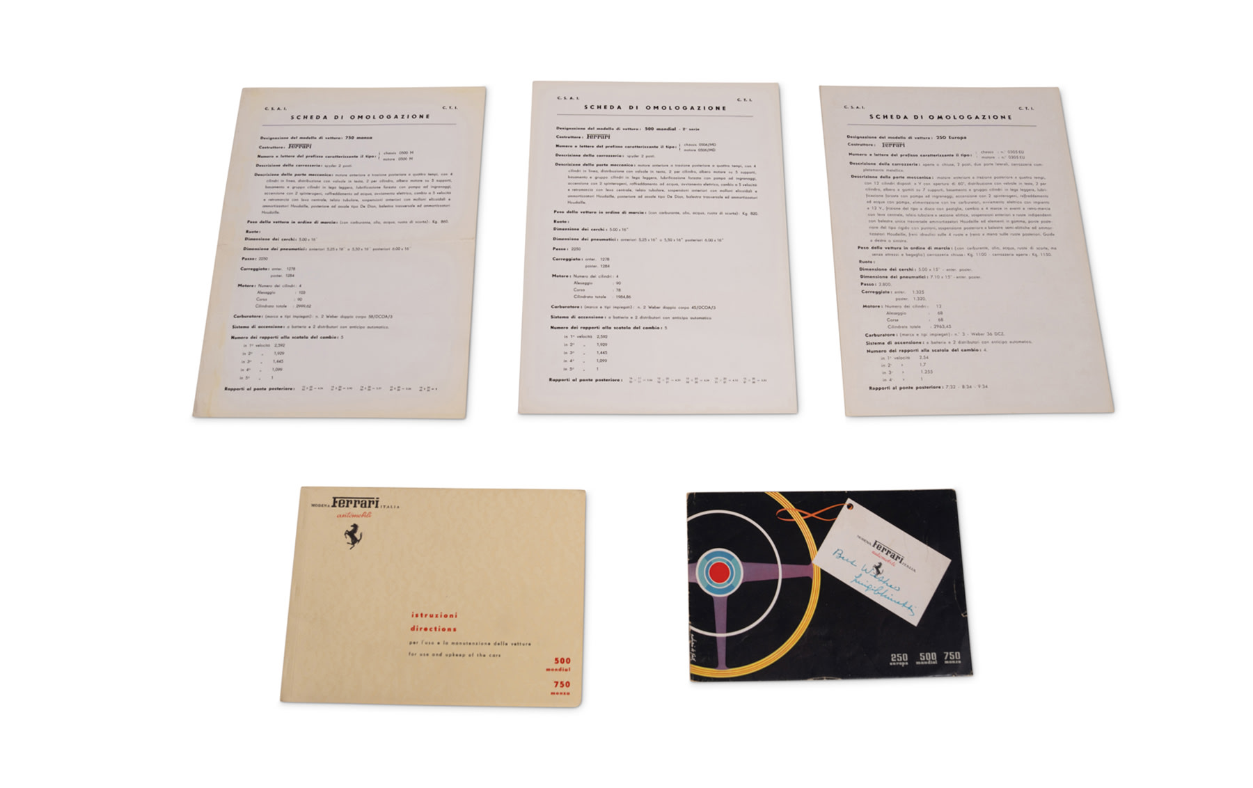 Ferrari Sales Brochure, Instruction Manual, and Homologation Sheets for 500 Mondial, 750 Monza, and 250 Europa