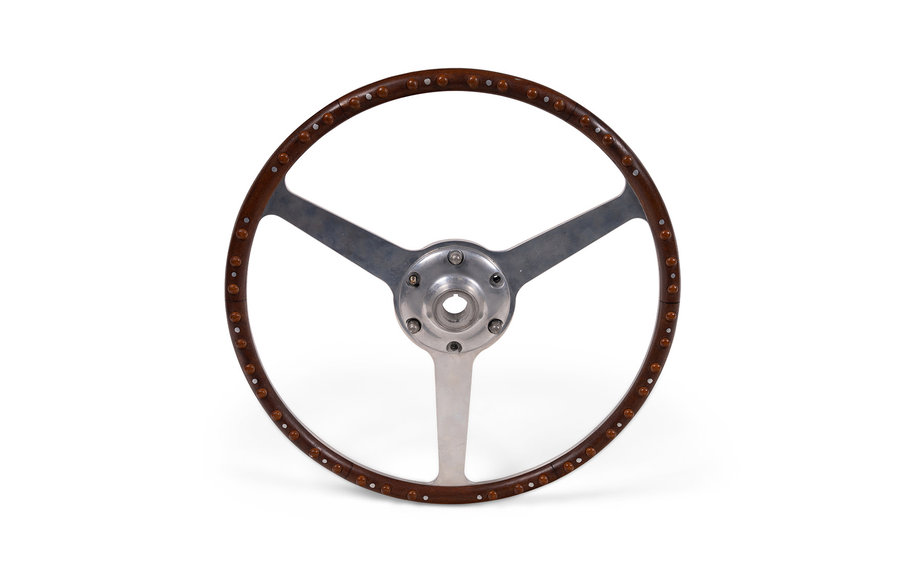 Wood-Rimmed, Aluminum Tri-Spoke Steering Wheel, Early 1950s