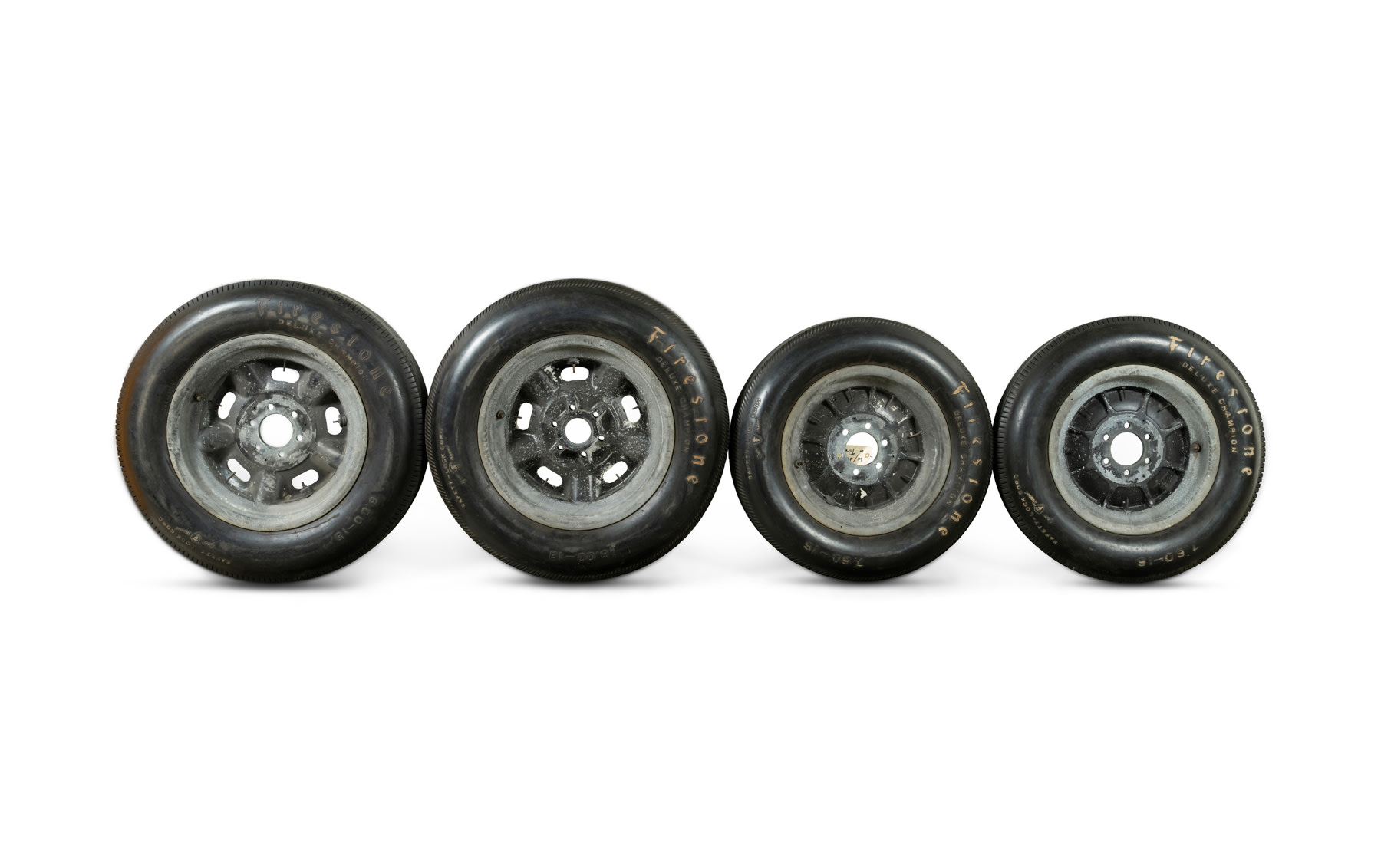 Set of Four Magnesium Racing Wheels Mounted with Firestone Bias Ply Racing Tires