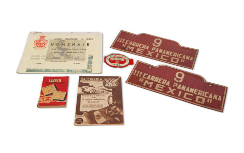 1952 Carrera Panamericana Event Plates, Cardboard Tribute Plaque, Driver Armband, and Official Race Program 